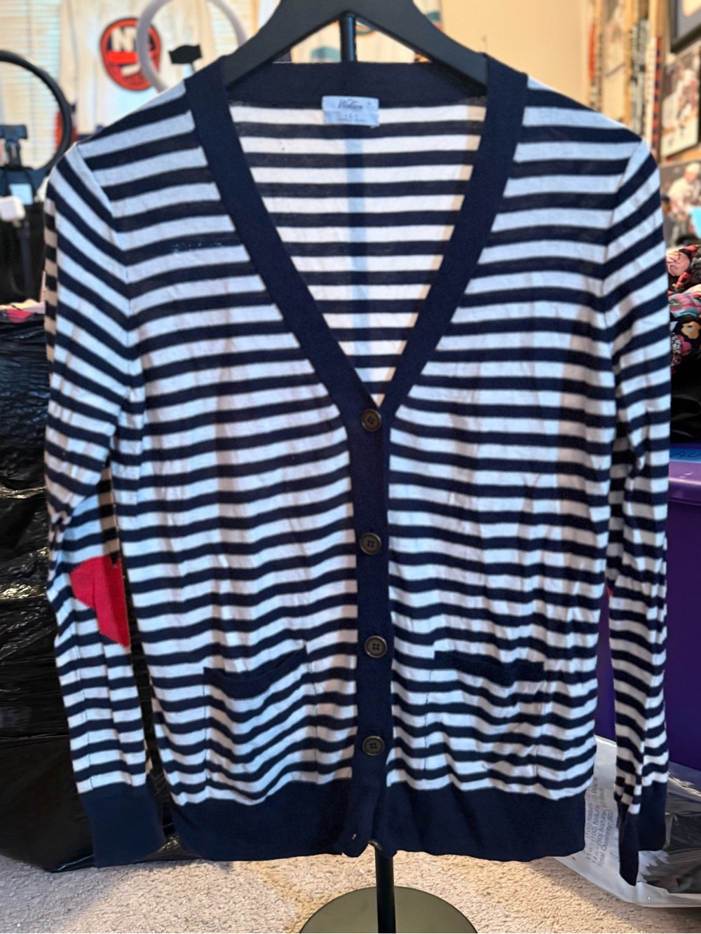 Wallace Striped Navy and White Button-Front Cardigan with Red Elbow Patch